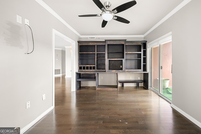 unfurnished living room with ceiling fan, ornamental molding, and dark hardwood / wood-style floors