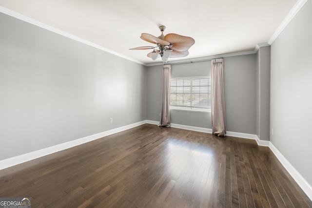 unfurnished room featuring ceiling fan, ornamental molding, and dark hardwood / wood-style flooring