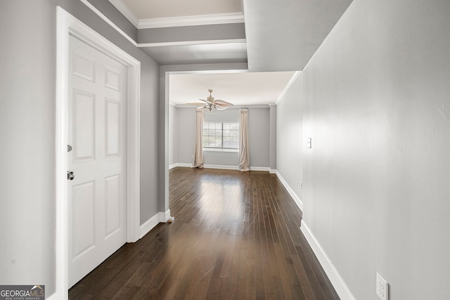 corridor with crown molding and dark wood-type flooring