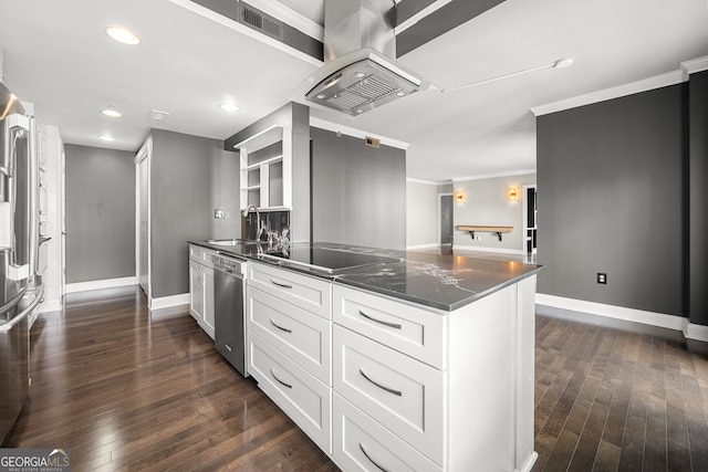 kitchen with black electric stovetop, white cabinetry, dishwasher, dark hardwood / wood-style floors, and ventilation hood