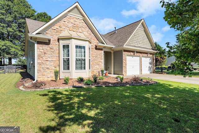 view of front of property with a garage and a front lawn