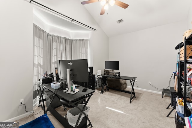 office with ceiling fan, lofted ceiling, and carpet