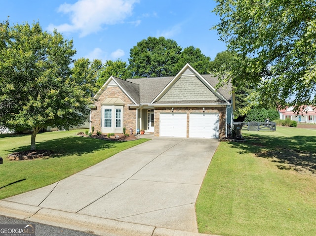 view of front of property featuring a garage and a front lawn