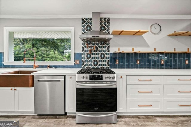 kitchen with sink, appliances with stainless steel finishes, decorative backsplash, and wall chimney exhaust hood