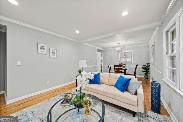 living room with crown molding, an inviting chandelier, and wood-type flooring