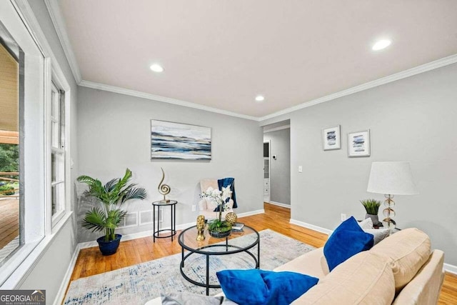 living room with light wood-type flooring and crown molding