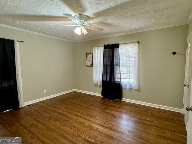 empty room with a textured ceiling, ceiling fan, and dark hardwood / wood-style flooring