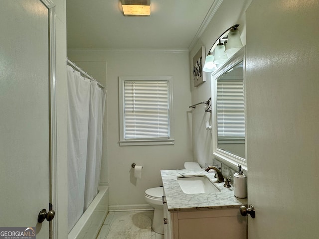 full bathroom featuring vanity, shower / bath combination with curtain, tile patterned flooring, toilet, and ornamental molding