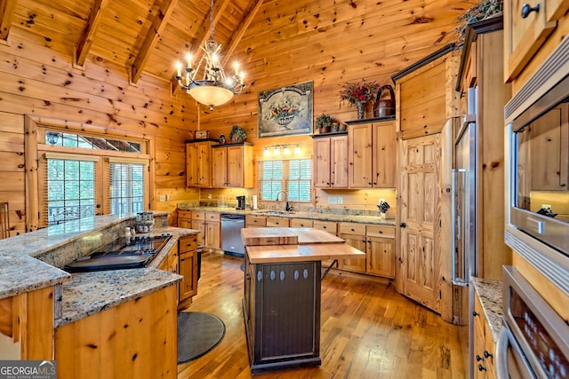 kitchen with sink, wood ceiling, hanging light fixtures, a center island, and black electric cooktop