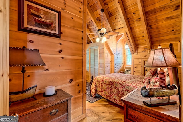 bedroom featuring vaulted ceiling with beams, wooden walls, light parquet floors, and wooden ceiling