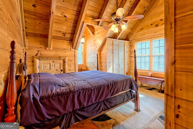 carpeted bedroom featuring wood ceiling, wooden walls, and lofted ceiling with beams