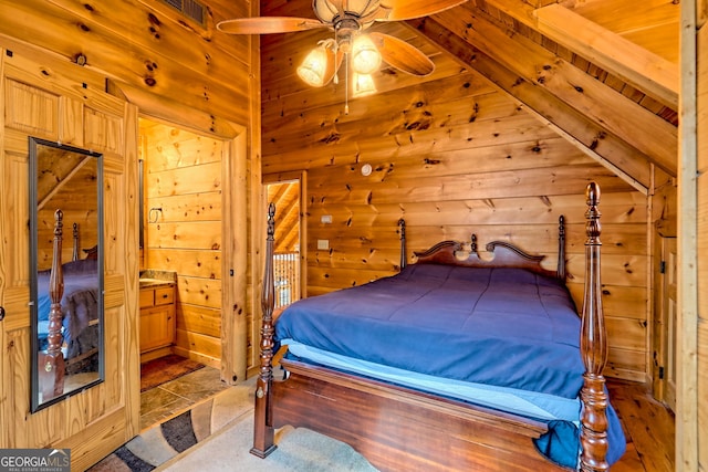 bedroom with wooden walls