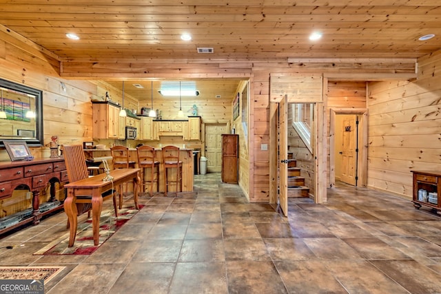 dining area with wooden walls and wooden ceiling