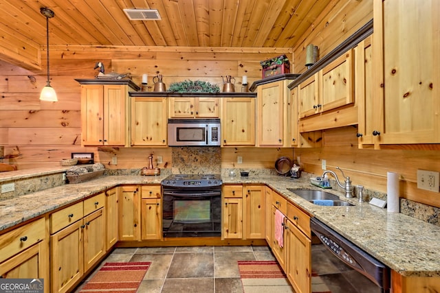 kitchen featuring sink, wood ceiling, wooden walls, pendant lighting, and black appliances