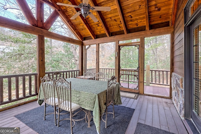 sunroom / solarium featuring vaulted ceiling with beams, wooden ceiling, and a healthy amount of sunlight