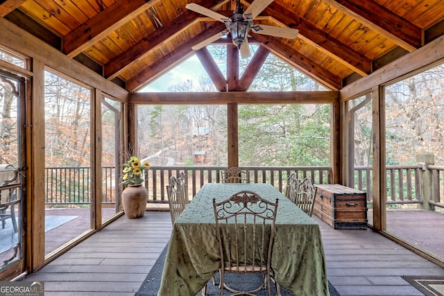 sunroom featuring wood ceiling, a healthy amount of sunlight, and lofted ceiling with beams