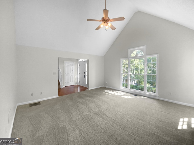 additional living space featuring high vaulted ceiling, carpet, and ceiling fan