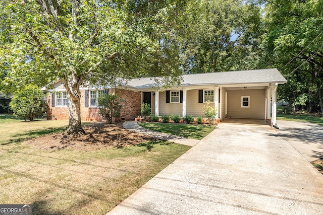 single story home with a front yard and a carport