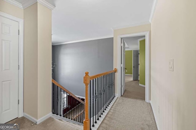 corridor featuring light colored carpet and crown molding