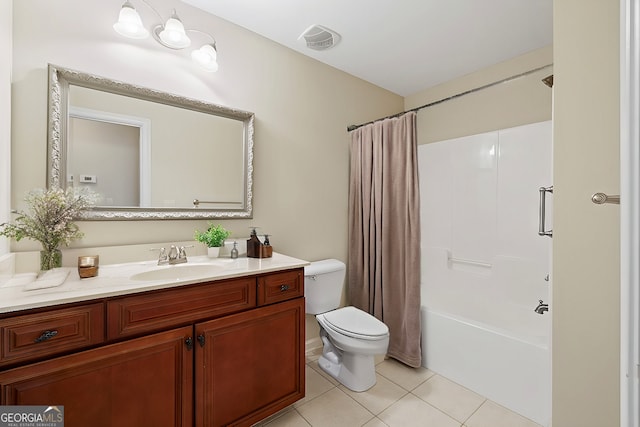 full bathroom with tile patterned flooring, vanity, toilet, and shower / tub combo with curtain