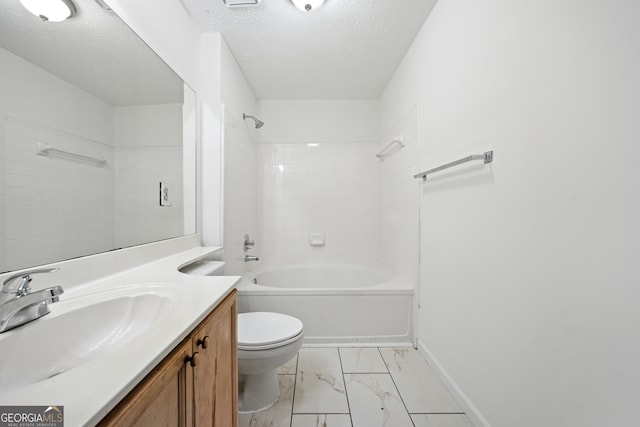 full bathroom with a textured ceiling, vanity, toilet, and tiled shower / bath combo