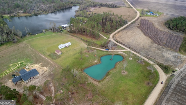 bird's eye view with a water view and a rural view