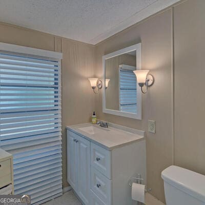 bathroom with vanity, toilet, and a textured ceiling