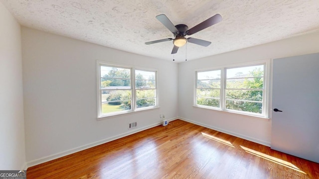 empty room featuring a textured ceiling, ceiling fan, and wood-type flooring