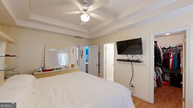 bedroom with light hardwood / wood-style flooring, a closet, a spacious closet, a raised ceiling, and ceiling fan