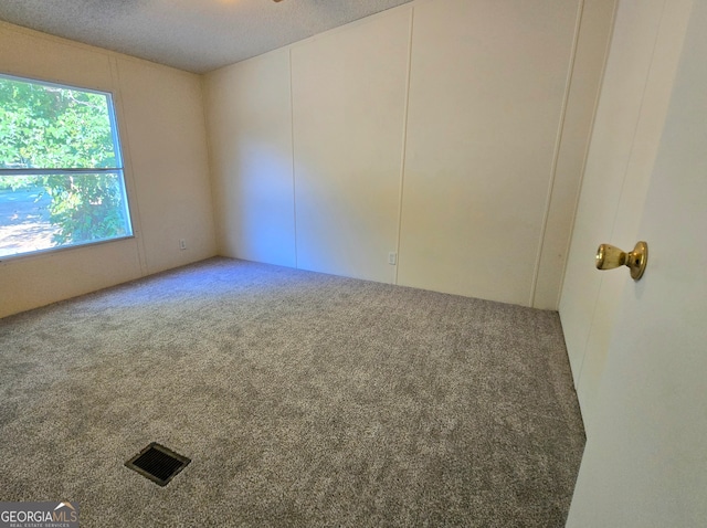 unfurnished room with a textured ceiling and carpet flooring