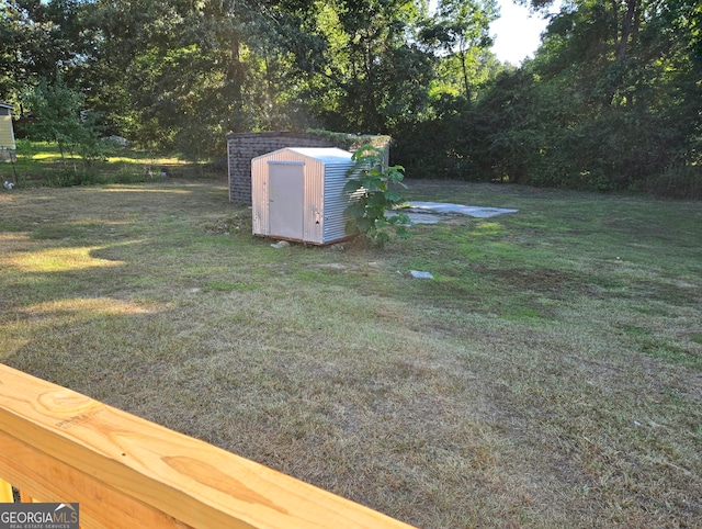 view of yard featuring a storage unit