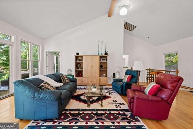 living room featuring light wood-type flooring, plenty of natural light, and vaulted ceiling with beams