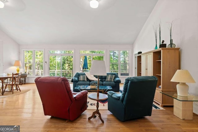 living room with light wood-type flooring, lofted ceiling, and a healthy amount of sunlight