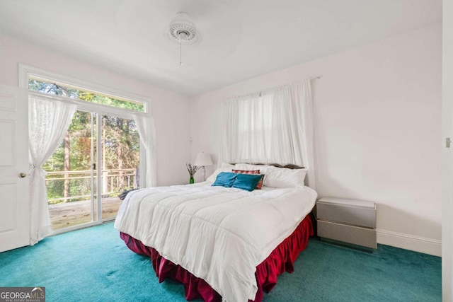 bedroom featuring access to exterior, carpet, and ceiling fan