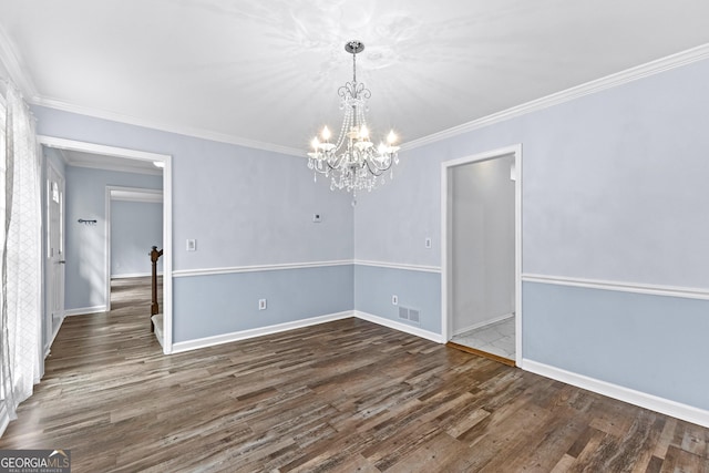 interior space with baseboards, dark wood-style flooring, visible vents, and crown molding