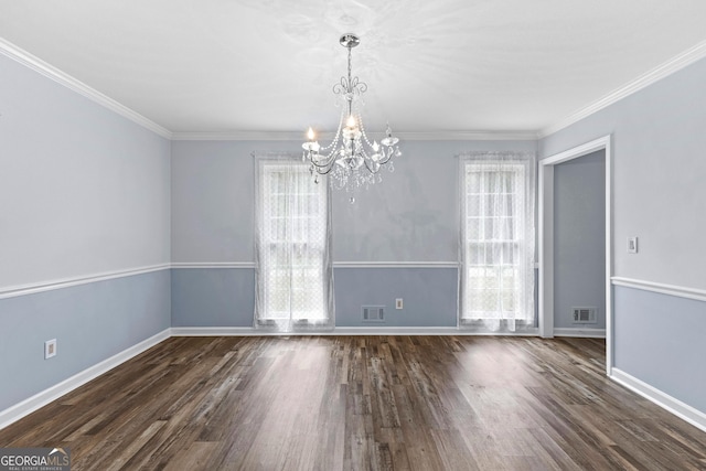 unfurnished dining area with dark wood-style floors, visible vents, and baseboards