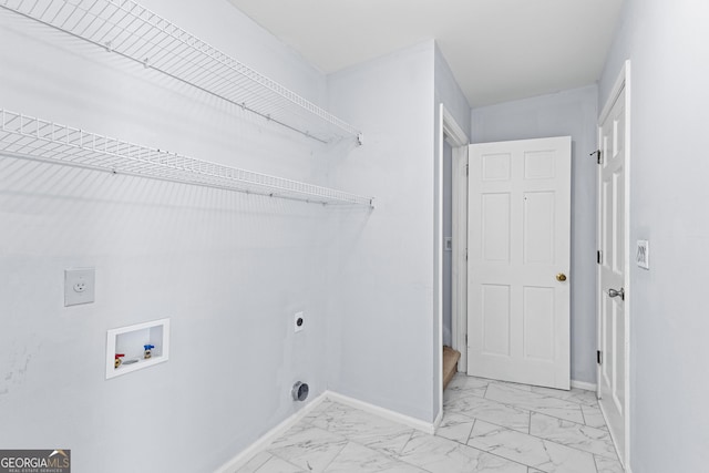 clothes washing area with laundry area, baseboards, marble finish floor, washer hookup, and electric dryer hookup