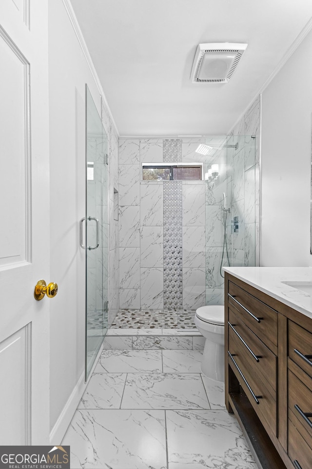 bathroom with marble finish floor, visible vents, crown molding, and a marble finish shower