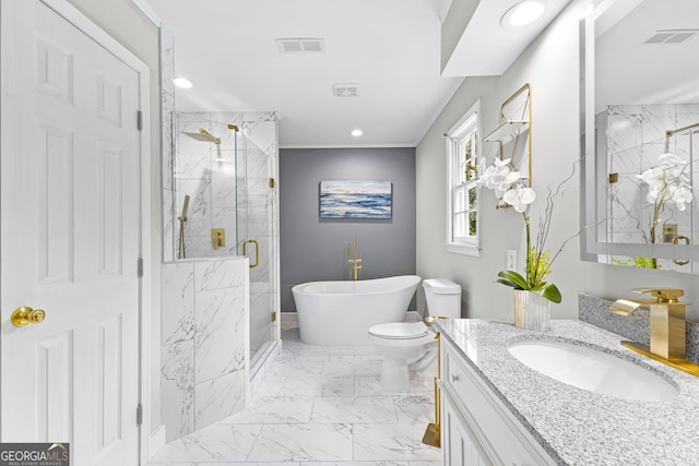 bathroom with recessed lighting, vanity, visible vents, marble finish floor, and a shower stall