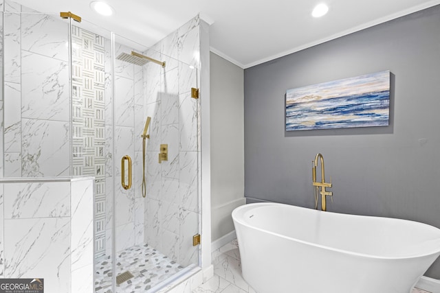 full bathroom featuring marble finish floor, crown molding, a marble finish shower, recessed lighting, and a soaking tub