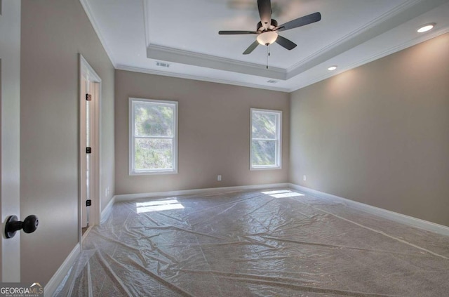 carpeted empty room featuring ornamental molding, a healthy amount of sunlight, and a raised ceiling