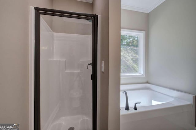 bathroom featuring ornamental molding, a shower stall, and a bath