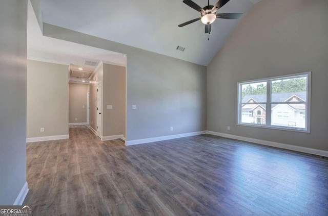 spare room featuring ceiling fan, high vaulted ceiling, and hardwood / wood-style flooring