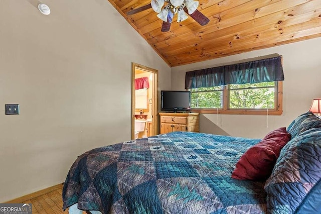 bedroom featuring vaulted ceiling, ceiling fan, wood-type flooring, and wooden ceiling