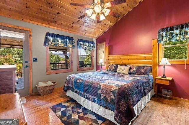 bedroom with vaulted ceiling, wood ceiling, light hardwood / wood-style floors, access to exterior, and ceiling fan