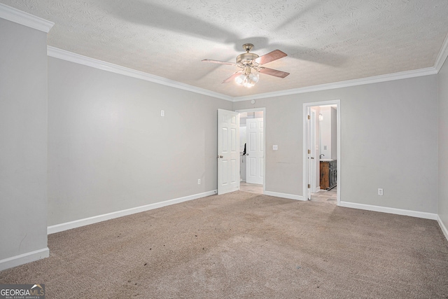 unfurnished bedroom featuring crown molding, a textured ceiling, ceiling fan, and carpet floors