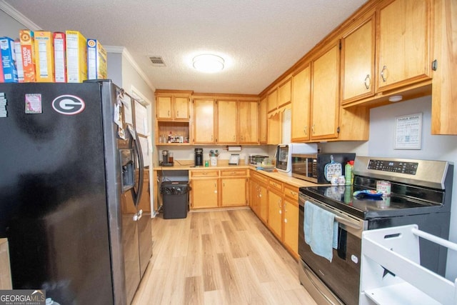 kitchen with a textured ceiling, stainless steel electric stove, refrigerator with ice dispenser, ornamental molding, and light wood-type flooring