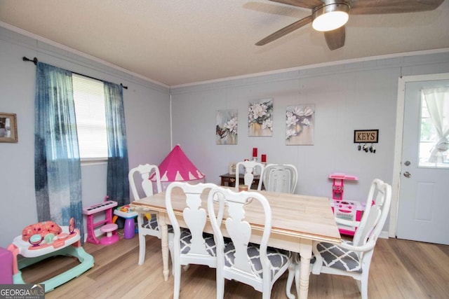 dining space with ceiling fan, ornamental molding, and wood-type flooring