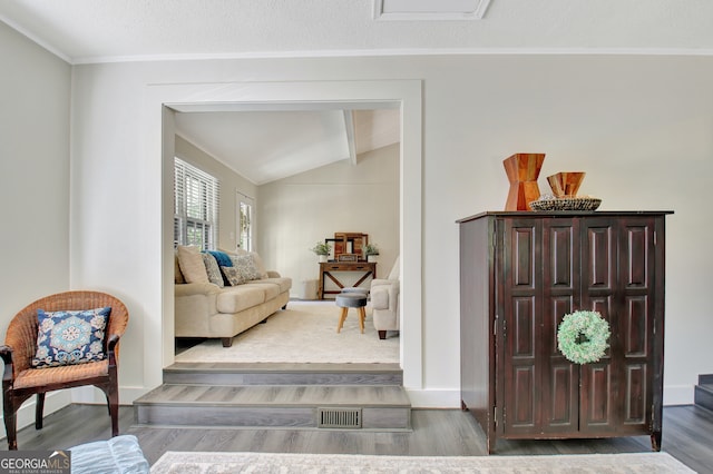 sitting room with lofted ceiling and hardwood / wood-style floors