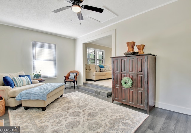 living area with ceiling fan, a textured ceiling, and dark hardwood / wood-style flooring